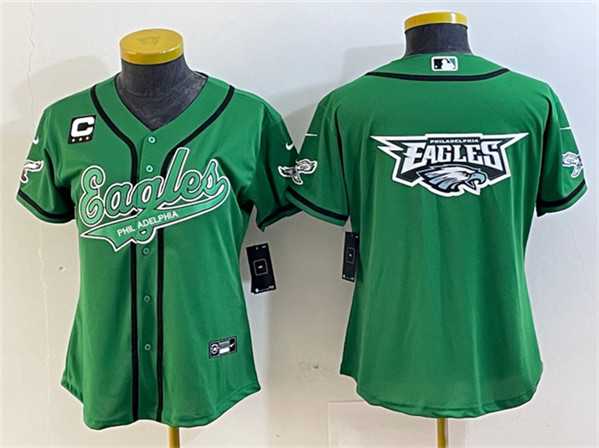 Womens Philadelphia Eagles Green Team Big Logo With 3-Star C Patch Cool Base Stitched Baseball Jersey(Run Small)